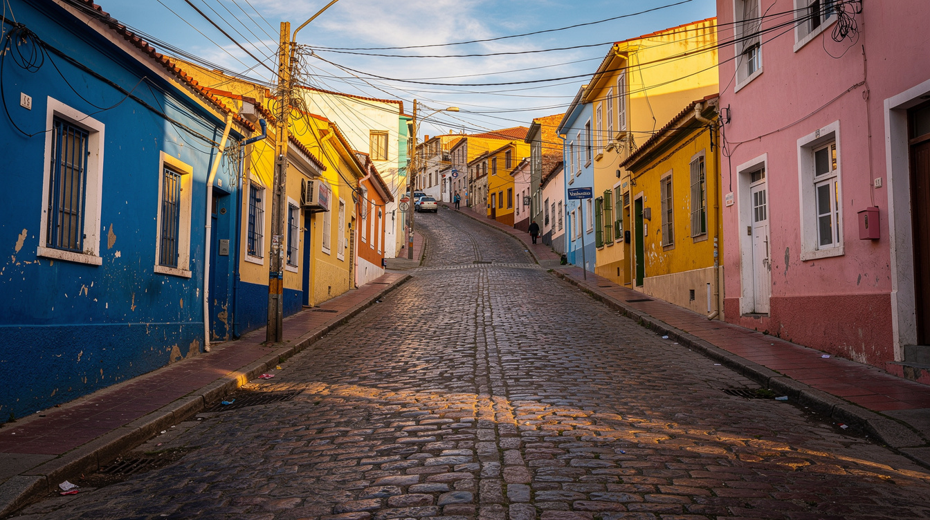Colorful houses on a steep hillside street in Valparaíso, Chile